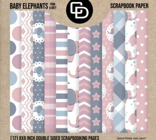 Baby Elephants Pink & Grey Scrapbook Paper (12) 8x8 Inch Double Sided Scrapbooking Pages: Crafters Delight By Leska Hamaty