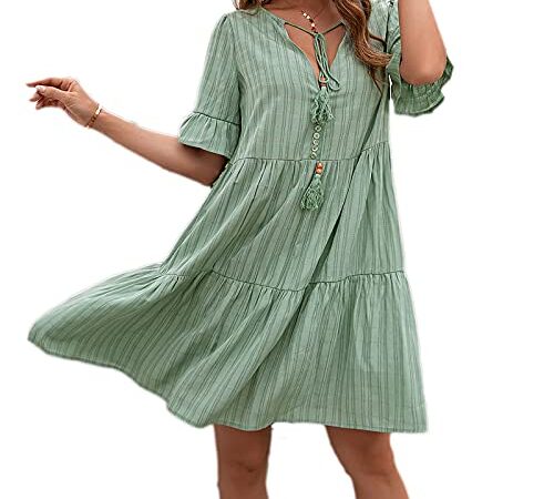 Beaufident Sommerkleider V-Ausschnitt Damen Kleider Kurzarm Loose Rüschen Freizeitkleider Einfarbig Strandkleider Minikleider Elegant A-Linie T-Shirtkleider Schwangeres Kleid Casual,XL,Grün