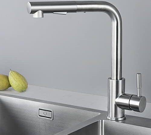 CECIPA Hochdruck Wasserhahn Küche Ausziehbar, Küchenarmatur mit Brause Zwei Wasserstrahlarten, Einhebel Spültischarmatur 360° Schwenkbar, Mischbatterie Küche Edelstahl Gebürstet, X203S