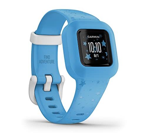 Garmin vívofit jr. 3 – wasserdichter, digitaler Aktivitätstracker für Kinder ab 4 Jahren, Schrittzähler, großes 1,4 cm Display, Notfallkontakt, bis zu 1 Jahr Batterielaufzeit, Abenteuerwelt & Quiz