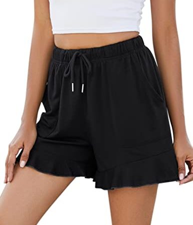 KOJOOIN Damen Shorts Kurze Hose Sommer Sporthose Jogginghose Loose Fit Sweathose mit Taschen,für Jogging Yoga Fitness Freizeithose Schwarz L