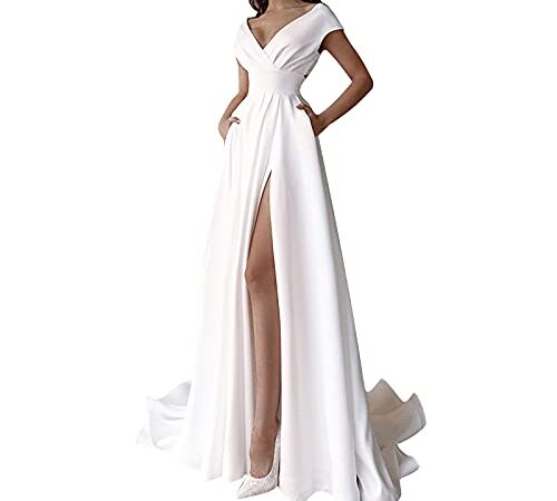 Masrin Weißes Abendkleid für Damen Einfarbiges, das langes formales Kleid wischt Geschlitztes Swingkleid mit hoher Taille Ärmelloses Partykleid mit V-Ausschnitt(S,Weiß)