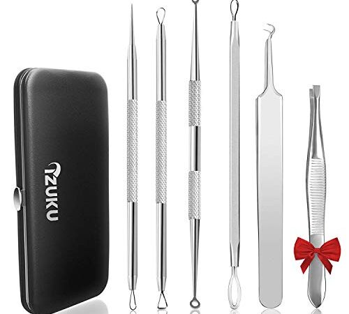 Mitesserentferner Pickel Ausdrücken Werkzeug Bonus Inkl. IZUKU Blackhead Remover aus Edelstahl 6 Stk. Comedone Extractor Akne Mitesser Pickel Entferner Komedonenquetscher Set für Alle Hauttypen