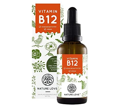 NATURE LOVE® Vitamin B12 Tropfen Vegan (900 Tropfen, 50ml flüssig). B12 duo-aktiv: Methyl- & Adenosylcobalamin. Hoch bioverfügbar, laborgeprüft, ohne Zusätze, in Deutschland produziert