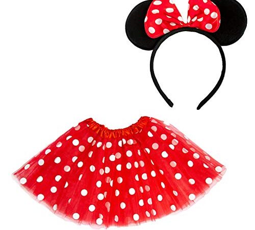 Oblique Unique® Damen Maus Mouse Kostüm Rot Weiß Schwarz mit Tutu Gepunktet + Haarreifen mit Maus Ohren und Schleife für Fasching Karneval Motto Party