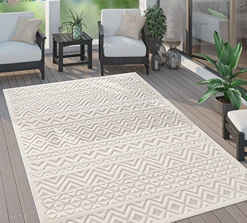 Paco Home Outdoor Teppich Wetterfest Balkon Boho Wohnzimmer Küche Skandinavisch Muster Einfarbig 3D Effekt Modern, Grösse:140x200 cm, Farbe:Creme