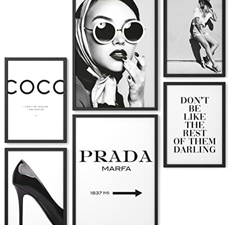 Papierschmiede® Mood Poster Set Coco Schwarz-Weiß, Bilder Wohnzimmer Deko Schlafzimmer, 2x DIN A4 und 4x DIN A5, Glamour Lifestyle Mode - ohne Rahmen