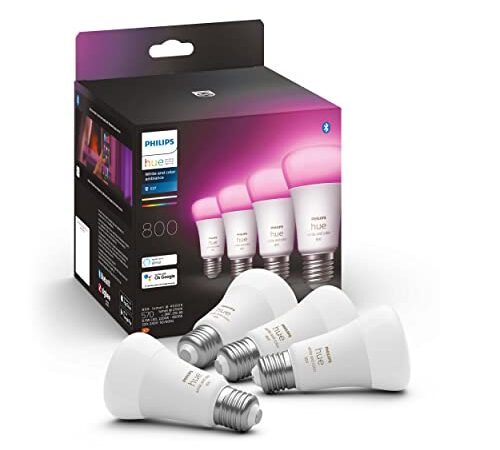 Philips Hue White & Col. Amb. E27 LED Lampen 4-er Pack, dimmbar, 16 Mio. Farben, steuerbar via App, kompatibel mit Amazon Alexa (Echo, Echo Dot), Weiß