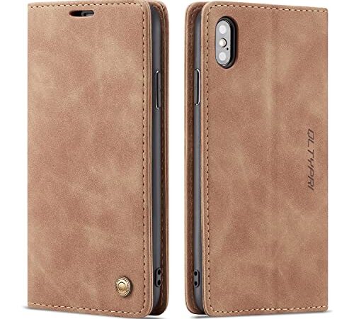 QLTYPRI Hülle für iPhone X XS, Vintage Dünne Handyhülle mit Kartenfach Geld Slot Ständer PU Ledertasche TPU Bumper Wallet Case Flip Schutzhülle Kompatibel mit iPhone X XS - Braun