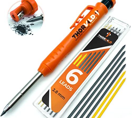 ROBUSTER Bleistift Baustelle Tieflochmarker [INKLUSIVE 7 Vielseitige Minen + Anspitzer] Ölhaltiger Druckbleistift, DIY-Werkzeuge, Markieren auf Holz, Metall, Betonfliesen -Zimmermannsbleistift