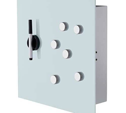Schlüsselkasten modern mit Glas Magnettafel - Memoboard magnetisch mit 6 Magneten und Stift - Schlüsselschrank groß mit 20 Haken 33x33x6,8cm milchglas Weiss
