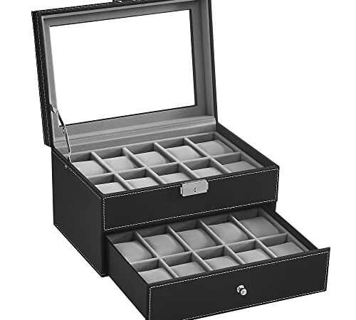 SONGMICS Uhrenbox für 20 Uhren, Uhrenkasten mit Glasdeckel, Uhrenkoffer mit herausnehmbaren Uhrenkissen, Uhrenschatulle, Bezug in Schwarz, graues Samtfutter, als Geschenk, schwarz JWB020