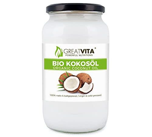 GreatVita Bio Kokosöl, nativ, 1000 ml im Glas zum Kochen Braten Backen
