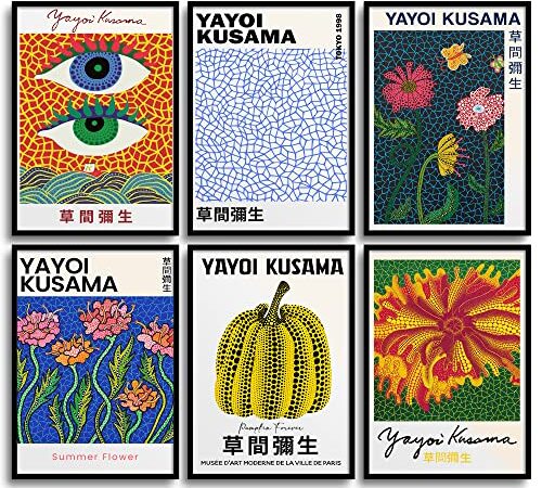 MONOKO® Vintage Poster Set | Yayoi Kusama Retro Kunstdruck | Bilder Wohnzimmer Wandbilder 6x A4 ohne Rahmen