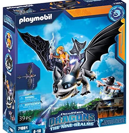PLAYMOBIL DreamWorks Dragons 71081 Dragons: The Nine Realms - Thunder & Tom, Dragons-Figur und Spielzeug-Drache mit Schussfunktion und Lichtmodul, Spielzeug für Kinder ab 4 Jahren