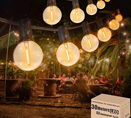 30M Lichterkette Außen LED Lichterkette Glühbirnen Aussen G40 53er Warmweiß IP44 Wasserdicht Glühbirnen Girland Lichterkette für Garten Terrasse Hochzeit Party Weihnachten