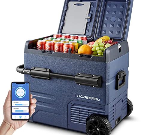 BODEGAEU 55L Kompressor Kühlbox, Auto Kühlbox Mit USB-Anschluss, Zwei Zonen und Doppeltüren, Elektrische Kühlbox bis -20 °C für Auto, Lkw, Boot, Reisemobil,Camping