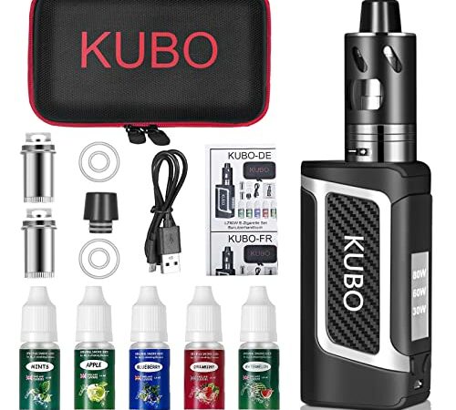 E Zigarette Shisha Starter Set und 5x10ml E liquid 80W Mod Kit mit 0,5 Ohm/ 3,0ml Verdampfer 2000mah Akku Starterset Dampfer Vape, Regelbare Watt LED Bildschirm 0,0mg Nikotin KUBO LZ80W – Schwarz