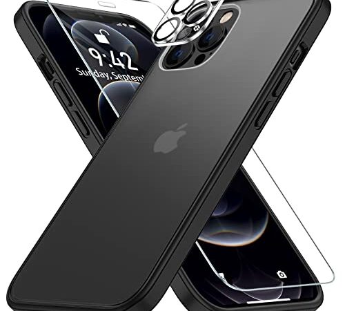 FLLAO [5-in-1 Handyhülle für iPhone 12 Pro Hülle mit 2 Stück Schutzfolie und 2 Stück Kameraschutz, [Schutz in Militärqualität] Stoßfest Transluzent Schutzhülle für iPhone 12 Pro Case - Matt Schwarz