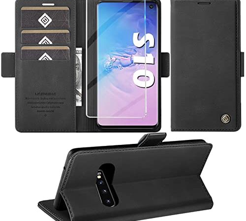 für Samsung Galaxy S10 Hülle mit Schutzfolie, Handyhülle Galaxy S10 Standfunktion Kartenfach Wallet Premium Leder Schutzhülle S10 Flip Case Cover Stoßfeste Klapphülle (Schwarz)