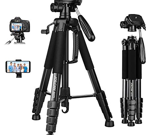 JOILCAN Kamera Stativ, 187cm Aluminium Leichte Dreibeinstativ für Canon Nikon DSLR mit Abnehmbar 3-Wege-Kopf, Tragbares Smartphone Stativ Fotostativ Tragfähigkeit 5KG mit Telefonhalter und Reisetasche