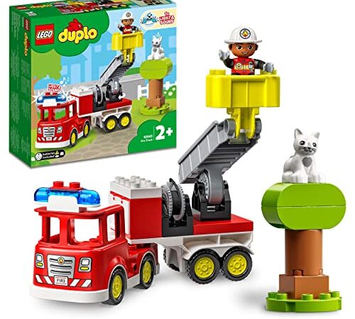 LEGO 10969 DUPLO Town Feuerwehrauto Spielzeug, Lernspielzeug für Kleinkinder ab 2 Jahren, Set mit Blaulicht und Martinshorn, Feuerwehrmann und Katze, für Mädchen und Jungen