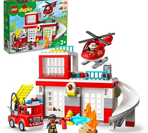 LEGO 10970 DUPLO Feuerwehrwache mit Hubschrauber, Feuerwehr-Spielzeug für Kleinkinder ab 2 Jahre mit Feuerwehrauto, BAU-Steine für Mädchen und Jungen