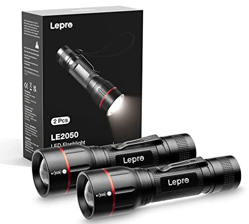 Lepro LED Taschenlampe, LE2050 Extrem Hell LED Taschenlampen mit Clip, Zoombare Camping Handlampe mit 5 Modi, wasserdichte Flashlight für Camping, Outdoor, Wandern, Angeln, Geschenk, 2 Stück