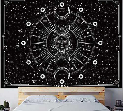 OZCHIN Wandteppich Wandbehang Sterne Weltraum psychedelisch Schwarz und Weiß Wandteppiche Wandteppich für Heimdekoration für Schlafzimmer, Wohnzimmer, Wohnheim (Schwarz, 130 x 150 cm)