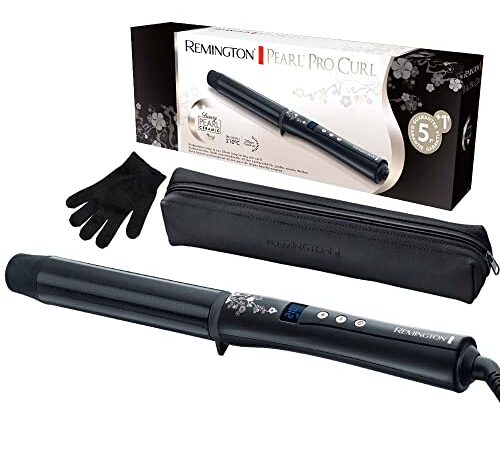 Remington Lockenstab große Locken [32mm] Pearl Digital (Keramikbeschichtung mit echten Perlen) LCD-Display 130-210°C, inkl. Hitzehandschuh, sanfte Wellen feines bis kräftiges Haar, Schwarz, CI9533