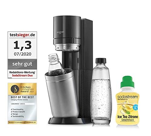 SodaStreaSodaStream Wassersprudler DUO Umsteiger ohne CO2-Zylinder, 1x 1L Glasflasche,1x 1L spülmaschinenfeste Kunststoff-Flasche und 1x SodaStream Sirup Eistee Zitrone