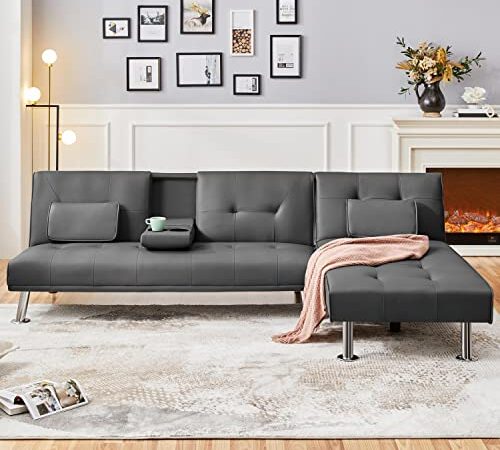 Yaheetech L-förmiges Sofa-Set Verstellbarer 4-Sitzer Sofa 2er Ecksofa Schlafsofa Schlafcouch Bettsofa Gästebett Klappsofa Ruhesessel mit Schlaffunktion im Wohnzimmer/Schlafzimmer grau