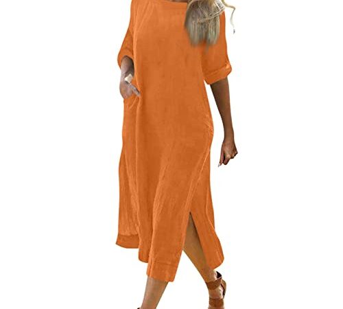 Abendkleid lang Maxikleider Damen Sommer Kleid lang Sommer Lässige Einfarbig Seitenschlitz Lange Ärmel Rundhalsausschnitt Midikleid rotes Kleid Damen (Orange, XXL)