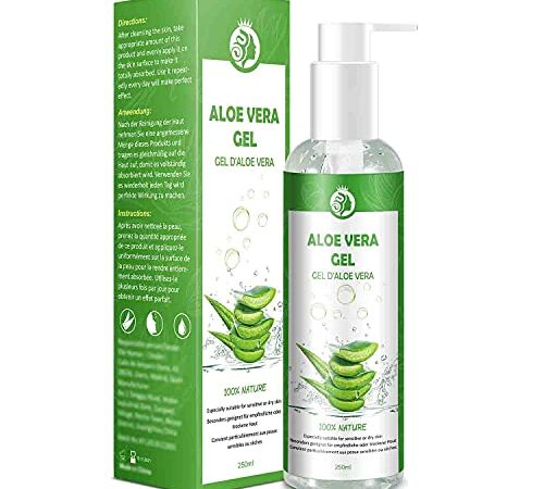 Aloe Vera Gel 100% Pur - für Gesicht Haare Körper - Natürliche, Beruhigende und Pflegende Feuchtigkeitscreme After Sun - Ideal Naturkosmetik für Trockene, Strapazierte Haut & Sonnenbrand - 250ml