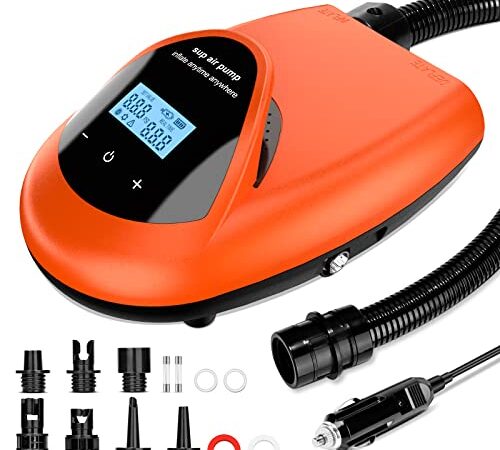 BURNNOVE SUP Pumpe Elektrisch 20PSI Hochdruck Elektrische Luftpumpe 12V DC intelligente zweistufige Luftpumpe zum Aufblasen und Entleeren mit LCD-Bildschirm 7 Düsen für Paddelbretter, Zelte, Matratzen