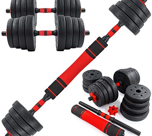 C.P.Sports 2in1 Kurzhantel & Langhantel Set 30kg | 4X 1,25kg - 4X 1,5kg - 4X 2,0kg - 4X 2,5kg Gewichte - 2X Griffstangen | Kunststoff Hantelscheiben für Kraftsport, Fitness, Home Gym | rot-schwarz