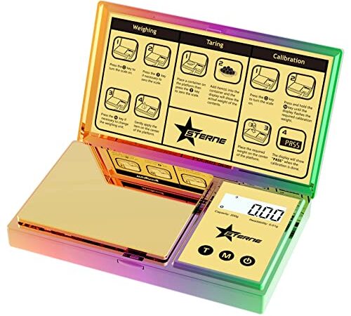 Glanzvolle digitale Grammwaage 200 g x 0,01 mit Chrom-Regenbogen-Design, als Unzen und Gramm für Lebensmittel, hintergrundbeleuchtetem LCD, automatischer Abschaltung, 6 Einheiten und Tarafunktion