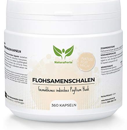 NaturaForte Flohsamenschalen 360 Kapseln - Hochdosiert, 500mg pro Kapsel, 3000mg Tagesdosis, Vegane Kapsel, 100% Psyllium Husk Natürlich & Ohne Zusätze, Fein gemahlen, Laborgeprüft