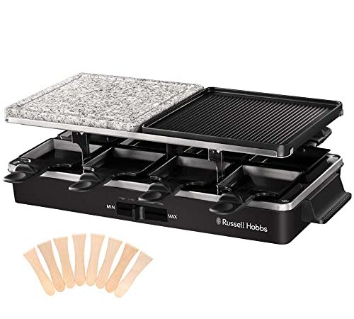 Russell Hobbs Raclette Grill 8 Personen [inkl. 8 Pfännchen & Holzspachtel, 2 Tischgrill-Platten] Multi-Grill (Naturstein mit Saftrinne & antihaftbeschichtete Wendeplatte geriffelt/Teppanyaki) 26280-56