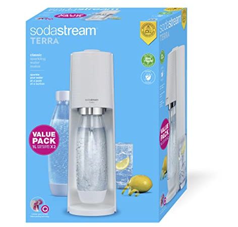 SodaStream Wassersprudler Terra White Value Pack x2 mit 2 geschmolzenen Flaschen, spülmaschinenfest, 1 Liter und 1 CO2-Zylinder Quick Connect zum Gasieren von bis zu 60 l, 2270215, Weiß Matt