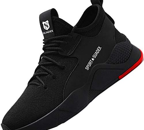 SUADEX Arbeitsschuhe Sicherheitsschuhe Herren Damen Leicht Atmungsaktiv Stahlkappenschuhe Unisex Sneaker mit Stahlkappe (02-Schwarz 43EU)