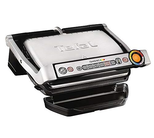 Tefal OptiGrill+ GC712D | intelligenter Kontaktgrill | 6 Grillprogramme | passt Temperatur + Grillzyklus ans Grillgut an | antihaftbeschichtete Platten | 30 cm x 20 cm | Schwarz / Edelstahl