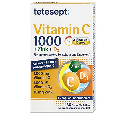 tetesept Vitamin C 1000 + Zink + D3 – Nahrungsergänzungsmittel zur Unterstützung des Immunsystems, dem Zellschutz und der Knochen – Vitamin Tabletten – 1 x 30 Tabletten