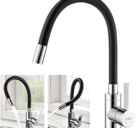 Wasserhahn Küche Schwarz, Auralum Küchenarmatur mit Flexibler Auslauf, Hochdruck Armatur Küche 360° Drehbar, Mischbatterie Küche mit Wasserspar Perlator